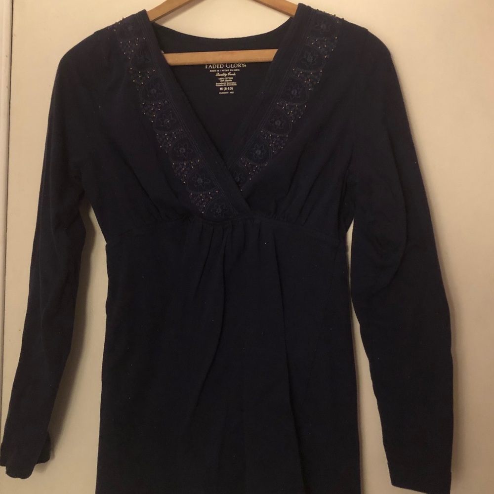 dark blue wrap v neck blouse shirt